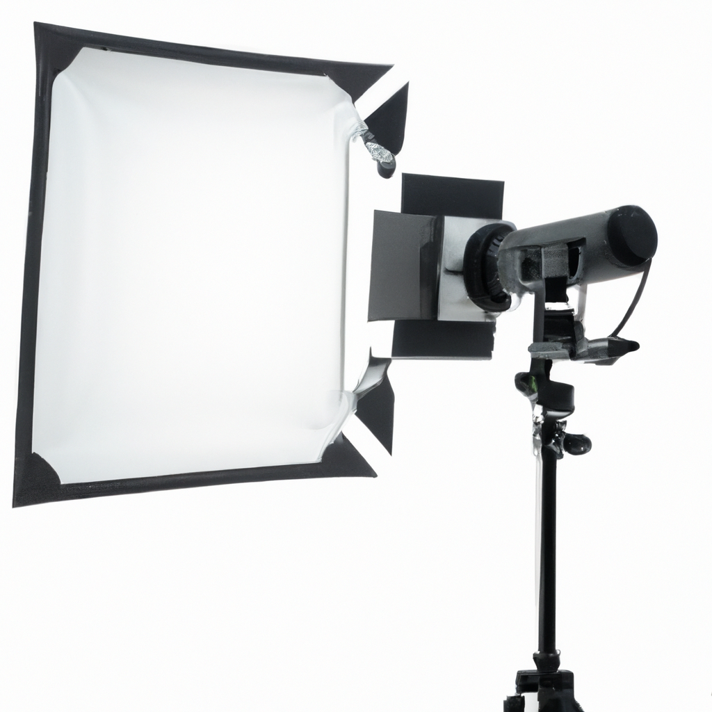 Escena de estudio fotográfico minimalista con luz natural suave, difusores, trípode y cámara profesional en Chile, estilo limpio y moderno