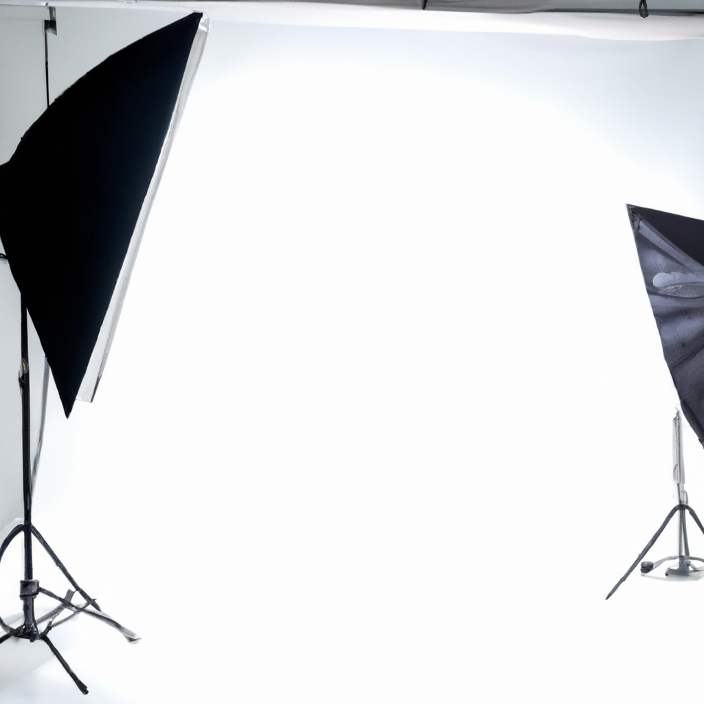 Espacio del estudio con softboxes, reflectores y fondo blanco limpio, disposición funcional